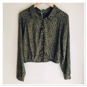 Free People Animal Print Cropped Blouse Olive Green & Black Size Medium